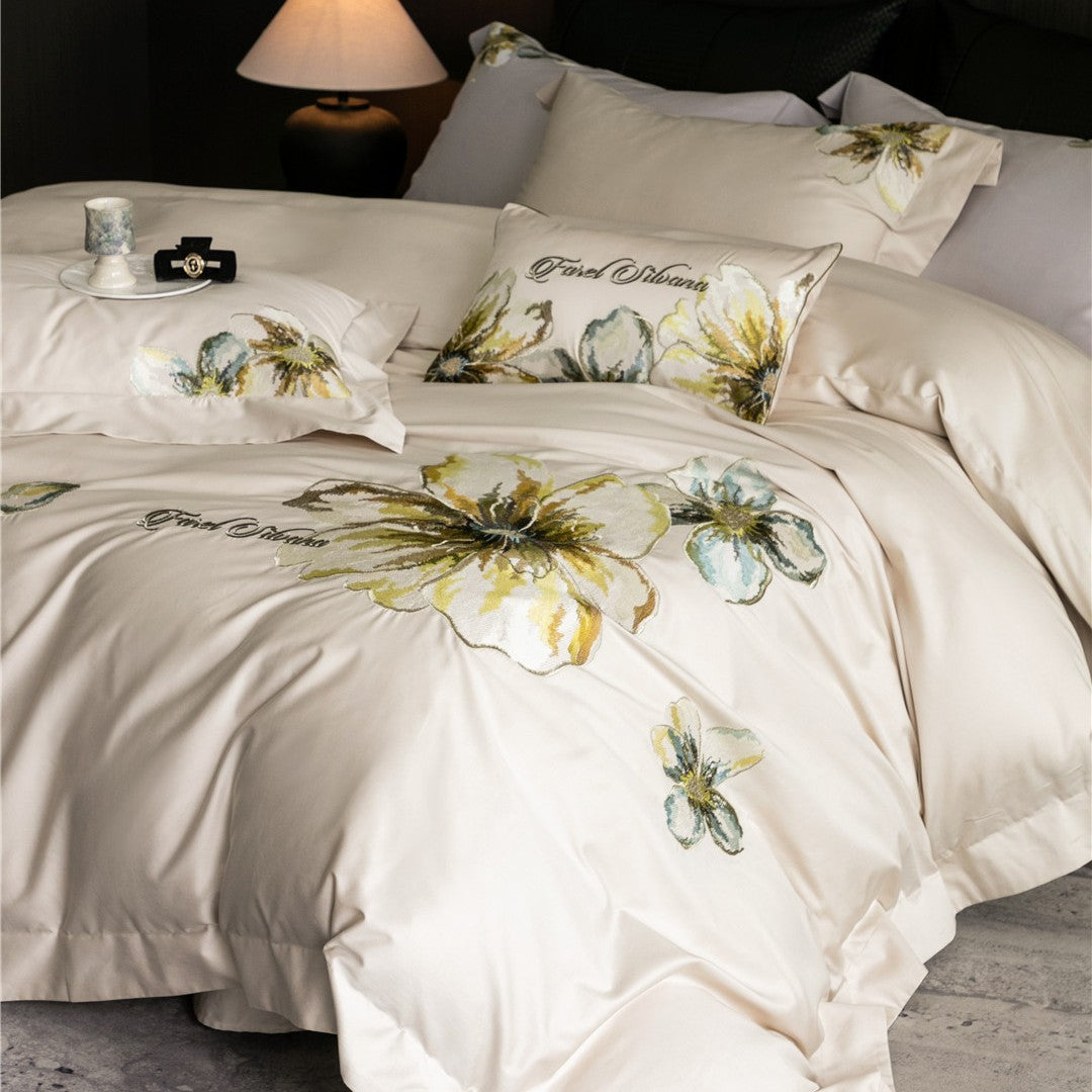 Florale Bestickte Baumwollsatin Bettbezug Garnitur mit Dekorativem Lendenkissen & Oxford Kissenbezügen