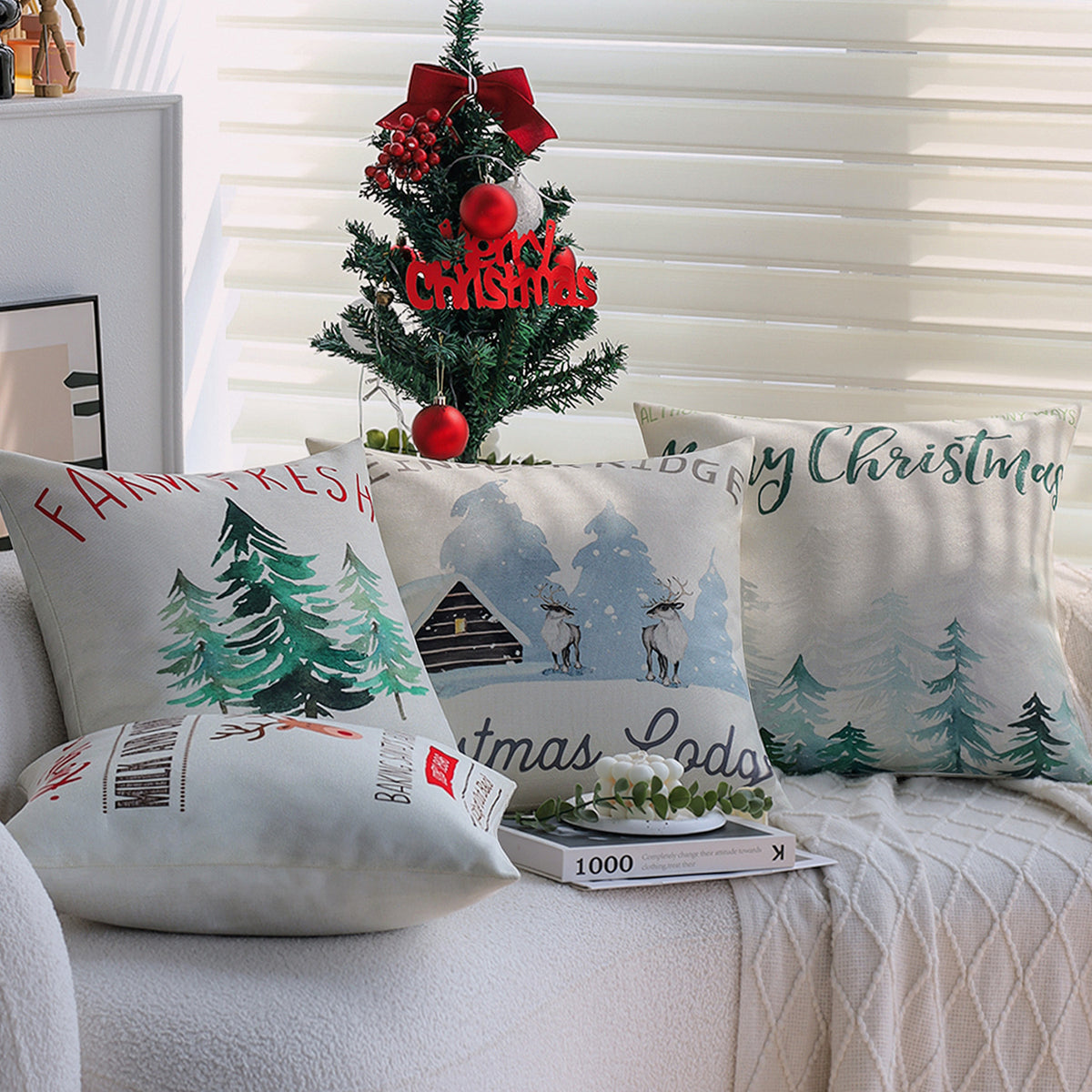 Quadratischer Weihnachts-Kissenbezug mit Rudolph-Druck und Baumwoll-Leinen-Optik Brehn