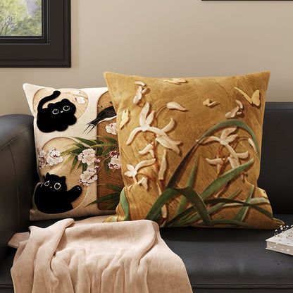 Plush Velvet Decorative Square Throw Pillow Cover with Cartoon Dog Family Illustration and Hidden Zipper