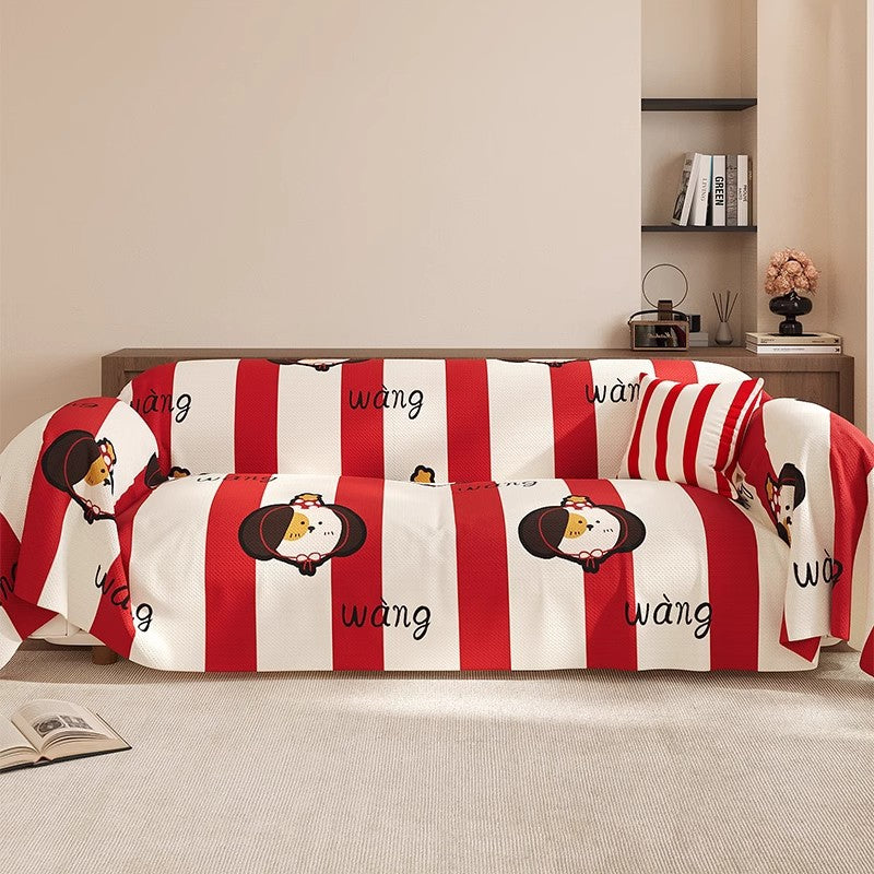 Striped Cartoon Dog Stretch Sofa Slipcover Protective Throw