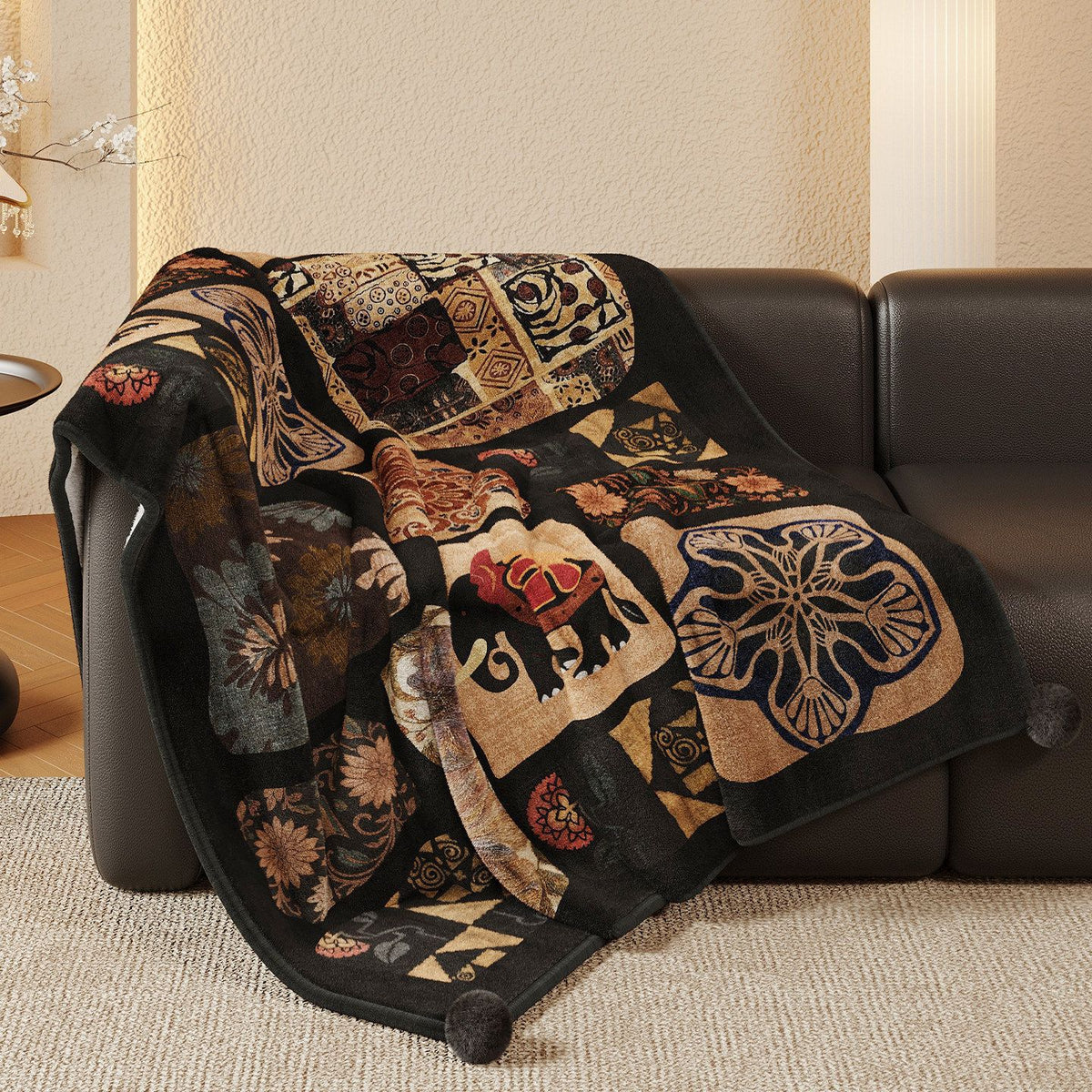 Plush Patchwork Velvet Throw Blanket with Pom-Pom Corners