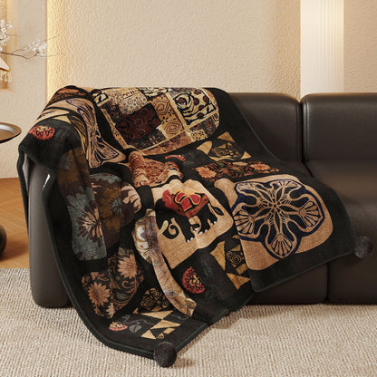 Plush Patchwork Velvet Throw Blanket with Pom-Pom Corners