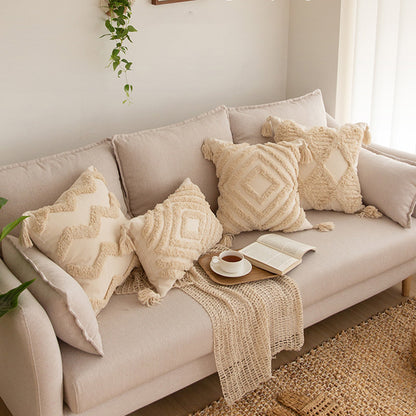 Quadratischer Zierkissenbezug im Boho‑Chic mit 3D‑Diamanttufting, Eckquasten und Baumwoll‑Leinen‑Mix Brehn