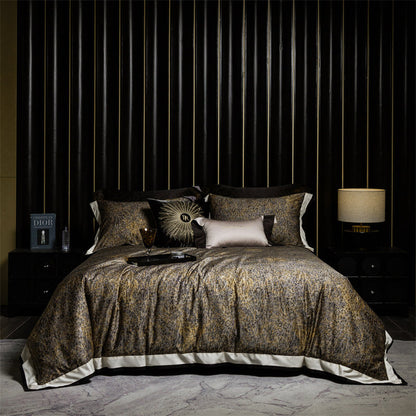 Luxus Satin Leopard-Print Bettbezug Set mit Kontrastbesatz