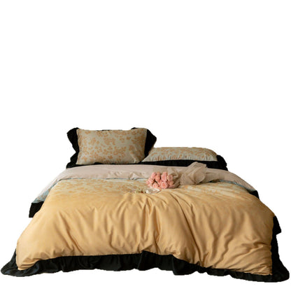 Satin-Bettwäschegarnitur mit floralem Mikrojacquard und kontrastiertem Saum