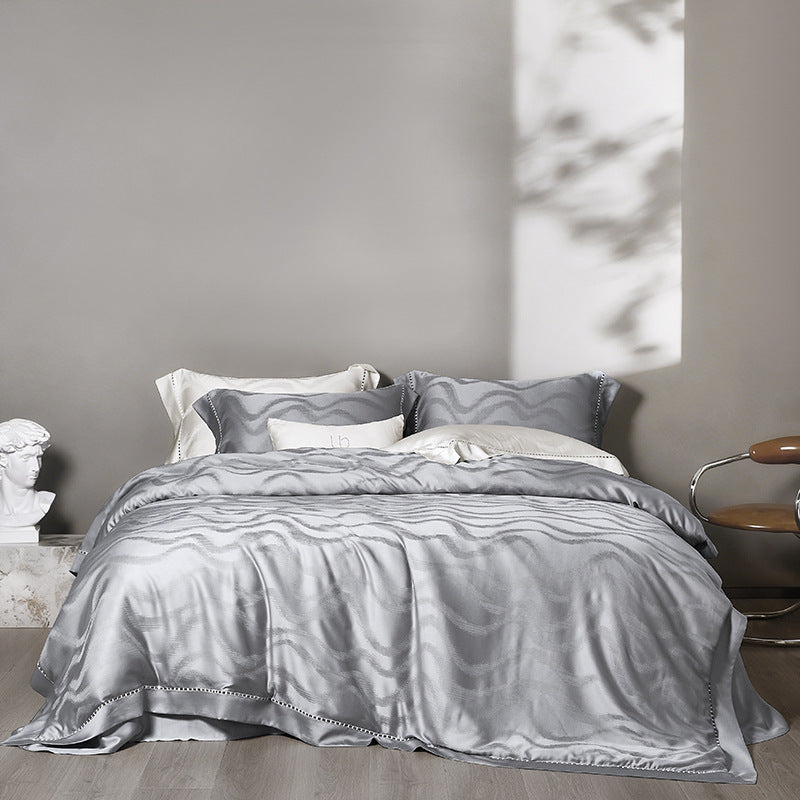 Luxuriöses Satin-Jacquard Wellenbettbezugset mit Halbstich und Kissenbezügen
