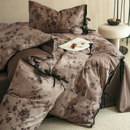 Vintage Floral Wende-Satin Bettbezug & Kissenbezug Set mit Bindungsdetails