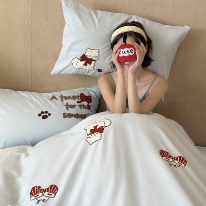 Baumwollsatin-Bettbezug-Set mit Chenille-Katzenapplikationen und feiner Satinqualität