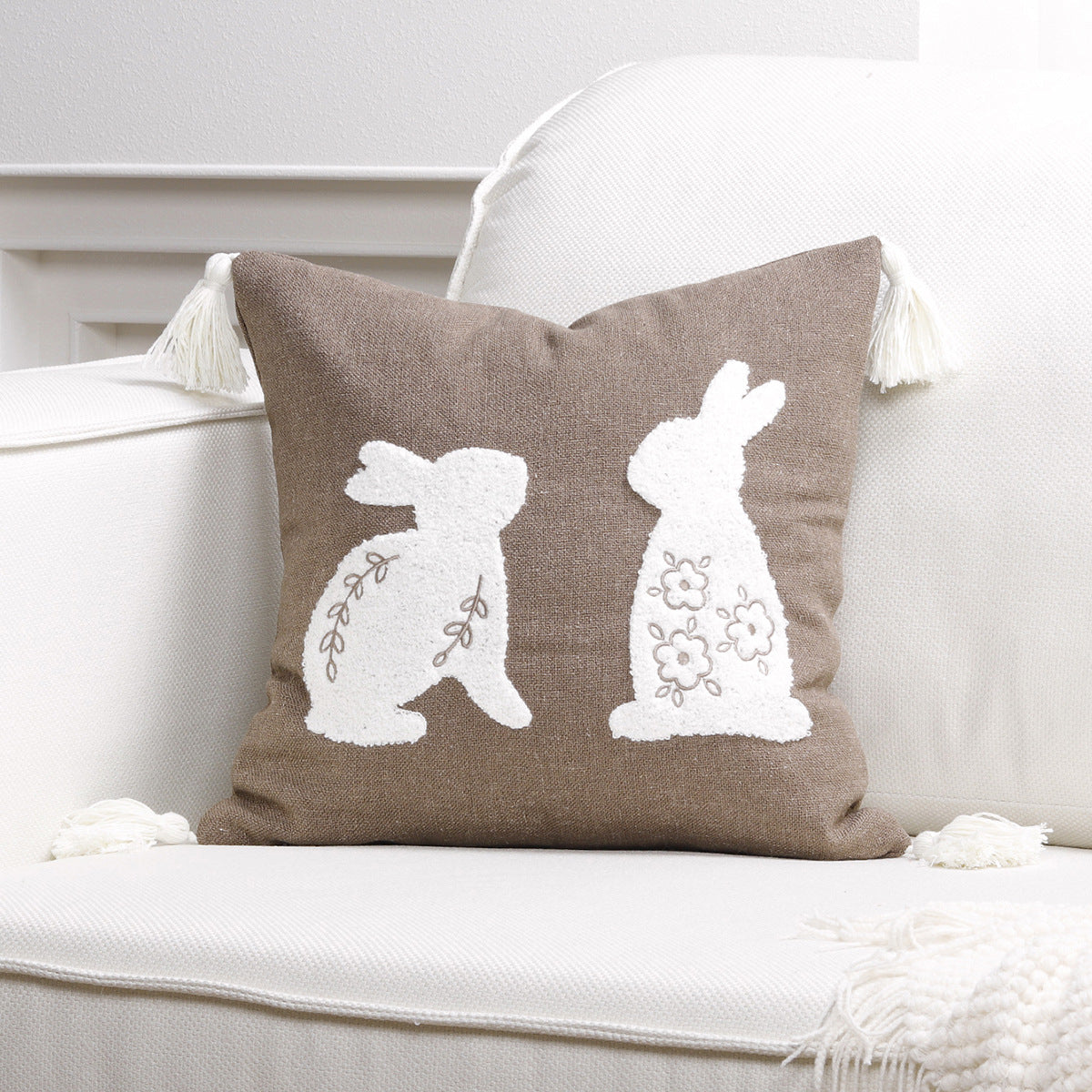 Bestickter Hasen-Applikations-Tassel-Lumbar-Kissenbezug