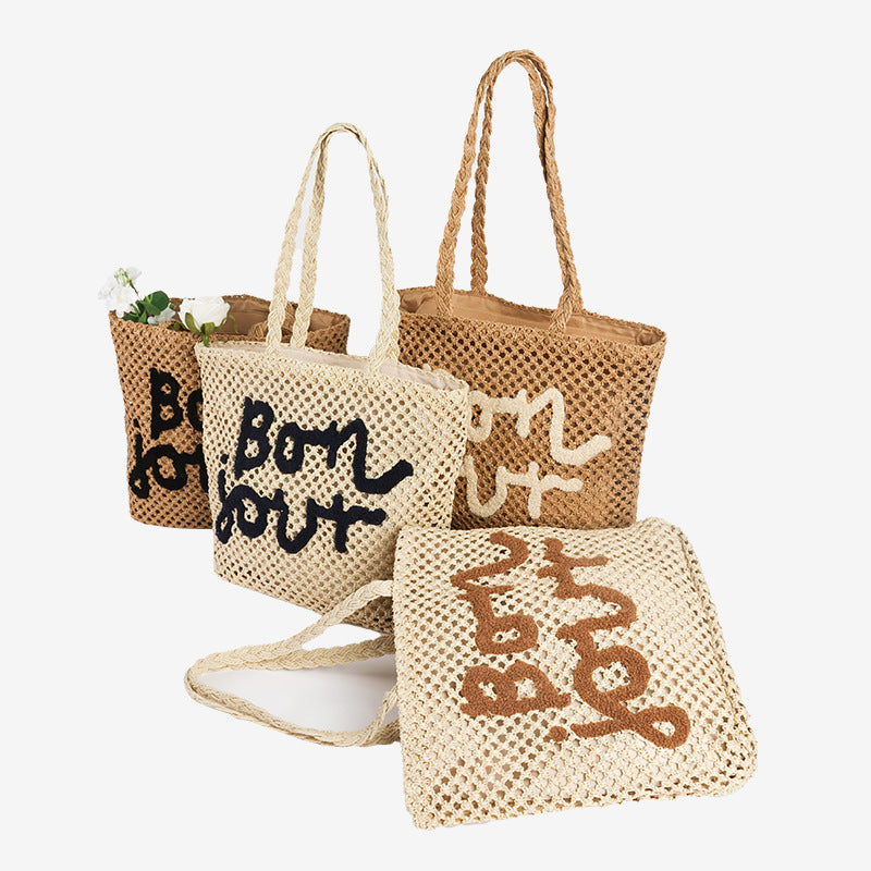 Damen Handgefertigte Strohtasche mit trendy Schriftzug Brehn