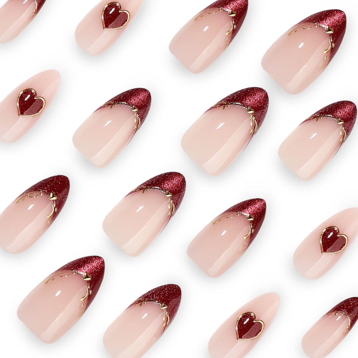 Kunstvolle Stiletto-Nägel mit Herzmotiven und Glitzerverzierung Brehn