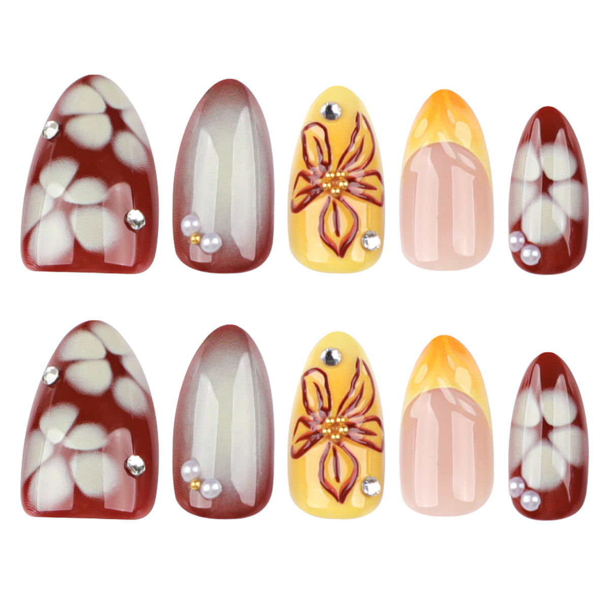 Künstliche Nagelverlängerungen mit floralem Design und Strassverzierungen Brehn