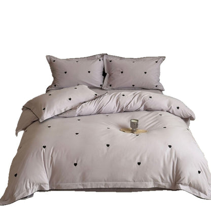 Luxuriöses Baumwollsatin-Bettwäsche-Set mit minimalistischer Herz-Stickerei und feiner Randpaspel