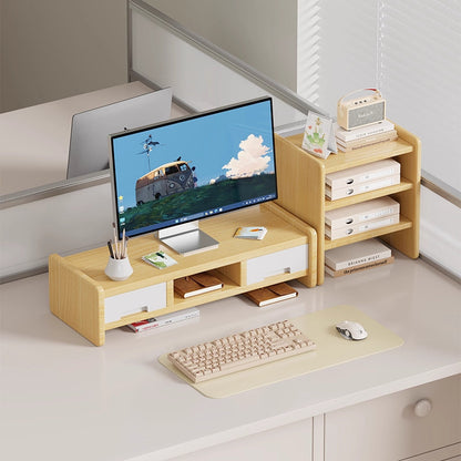 Massivholz-Monitorständer und Schreibtischorganizer mit zweistufigem Regal und Kabelmanagement