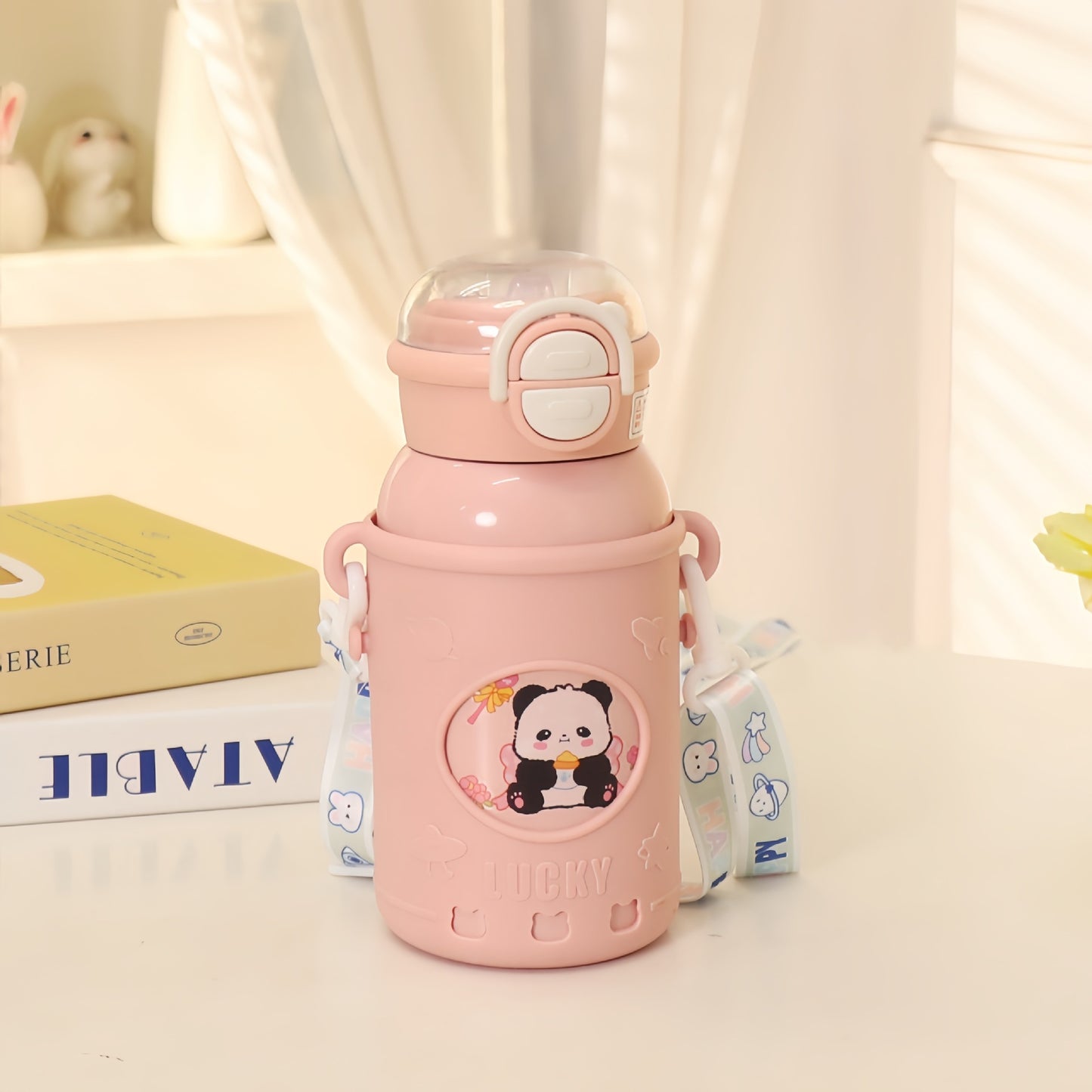 Damen Isolierte Trinkflasche mit praktischem Tragegurt und niedlichen Panda-Motiv Brehn