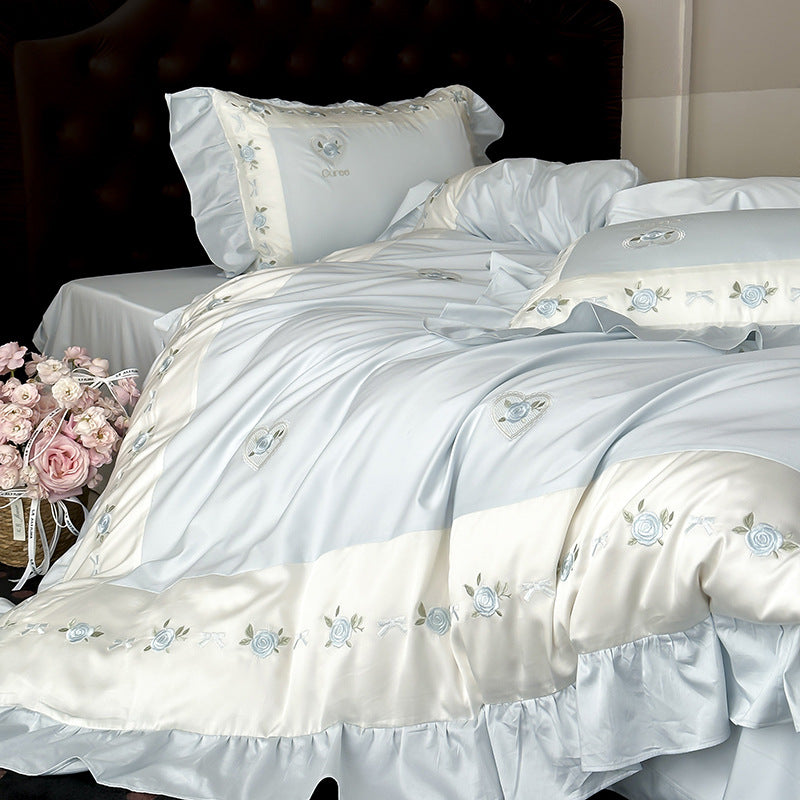Romantische Bestickte Blumen Satin-Trimm Bettbezug & Rüschenshams Set