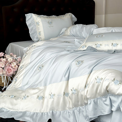 Romantische Bestickte Blumen Satin-Trimm Bettbezug & Rüschenshams Set