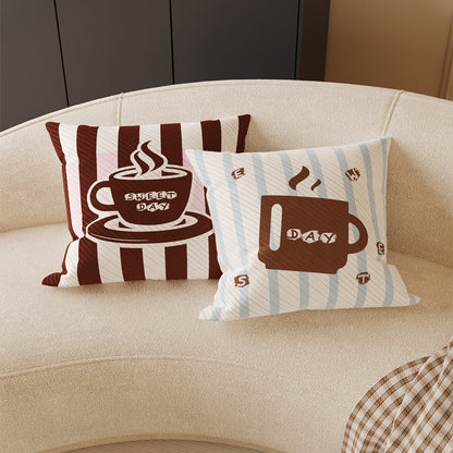 Decorative Square Throw Pillow Cover with Coffee Mug Graphic and Striped Jacquard Texture