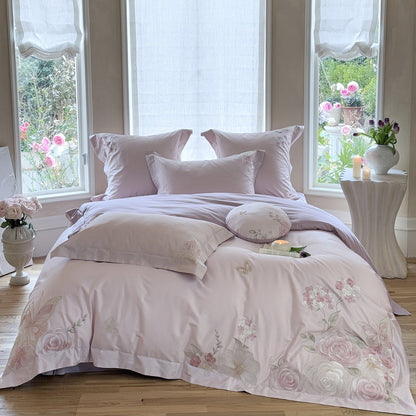 Florales besticktes Baumwollsatin Bettbezug Ensemble mit dekorativem Bolster und Kissenbezügen