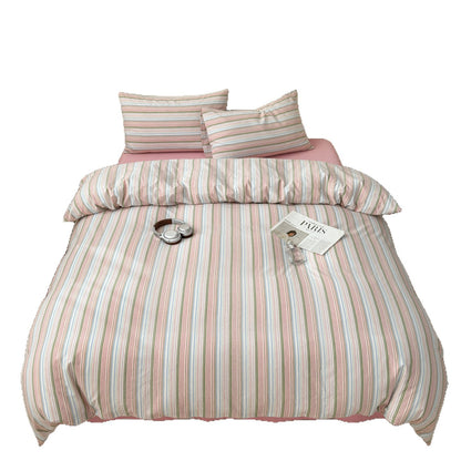 Gestreiftes Baumwoll-Percale-Bettbezug-Set mit Umschlagkissenbezügen