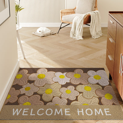 Absorbent Anti-Slip Indoor Entrance Doormat with Retro Yellow Gerbera Print and 'Welcome Home' Typography
