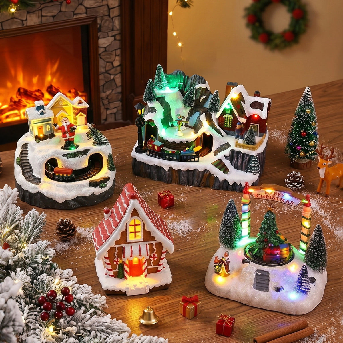 Beleuchtete Weihnachtsdorf-Dekoration mit beweglichen Figuren Brehn
