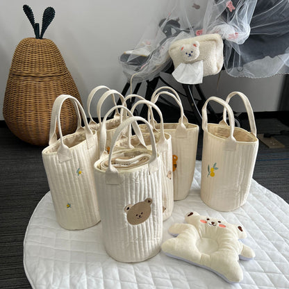 Ge quiltete Baumwoll-Canvas-Tasche mit besticktem Zitronenmuster und kurzen Webbandgriffen