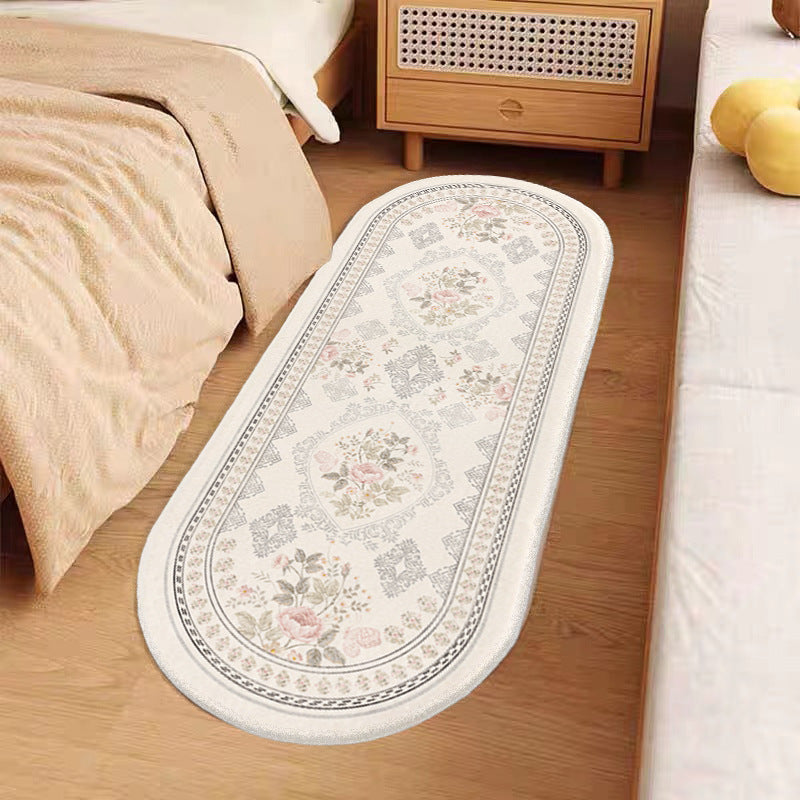 Oval Low-Pile Kitchen Runner Rug with Vintage Distressed Floral Jacquard and Non-Slip Backing