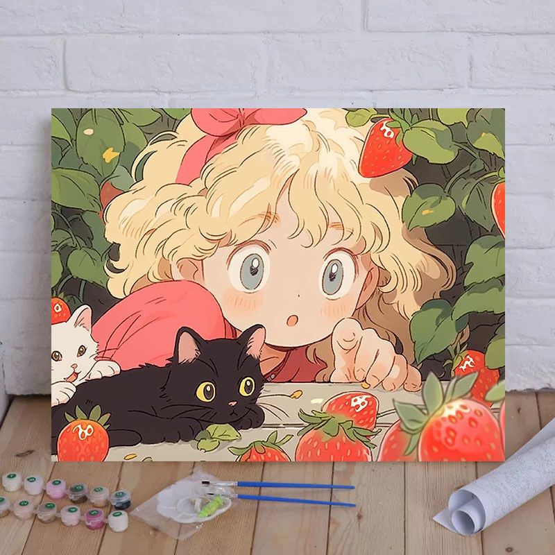 Cartoon Cat und Mädchen Themenleinwand Malset nach Zahlen Brehn