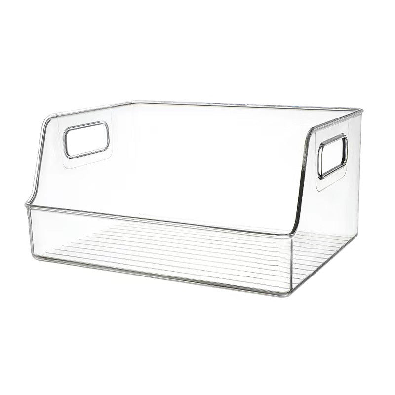 Transparente Organizerbox mit abgeschrägter Front und integrierten Griffen