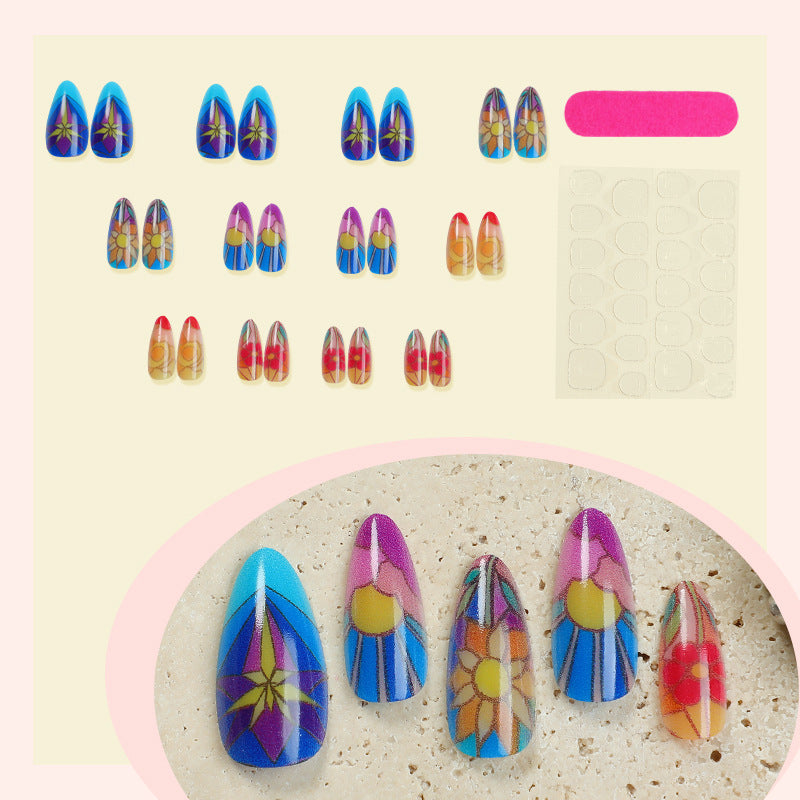 Künstlerisches Press-On-Nagelset mit floralen und geometrischen Mustern Brehn
