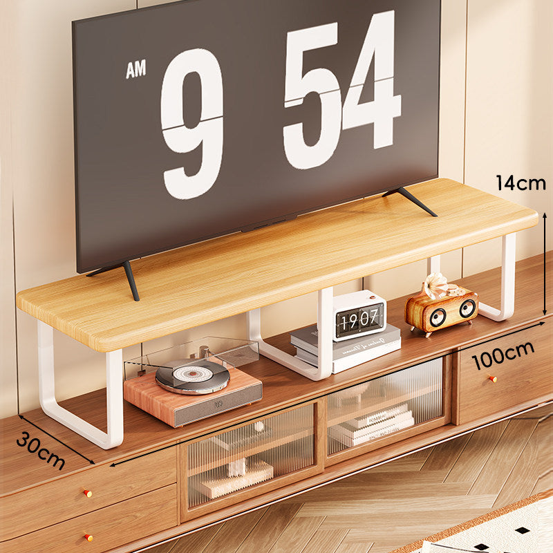 Breite Holz-TV-Ständer mit Metall-U-Beinen und erhöhter Ablage