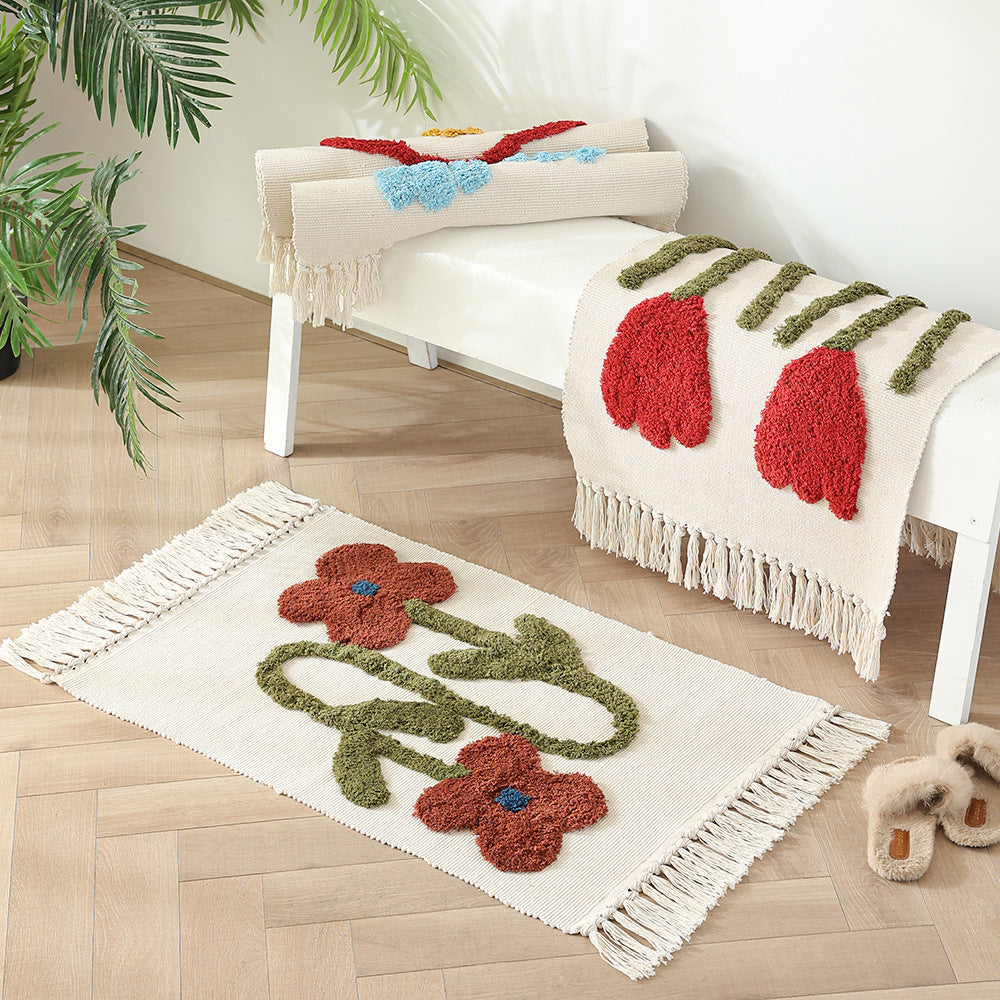 Handgewebter Baumwoll-Badmattenteppich mit Tufting-Blumenapplikation und Quasten Brehn