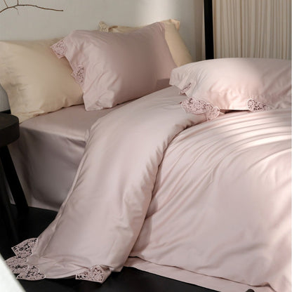 Luxus Satin Bettbezug Set mit Herz-Ausschnitt Spitze Trim