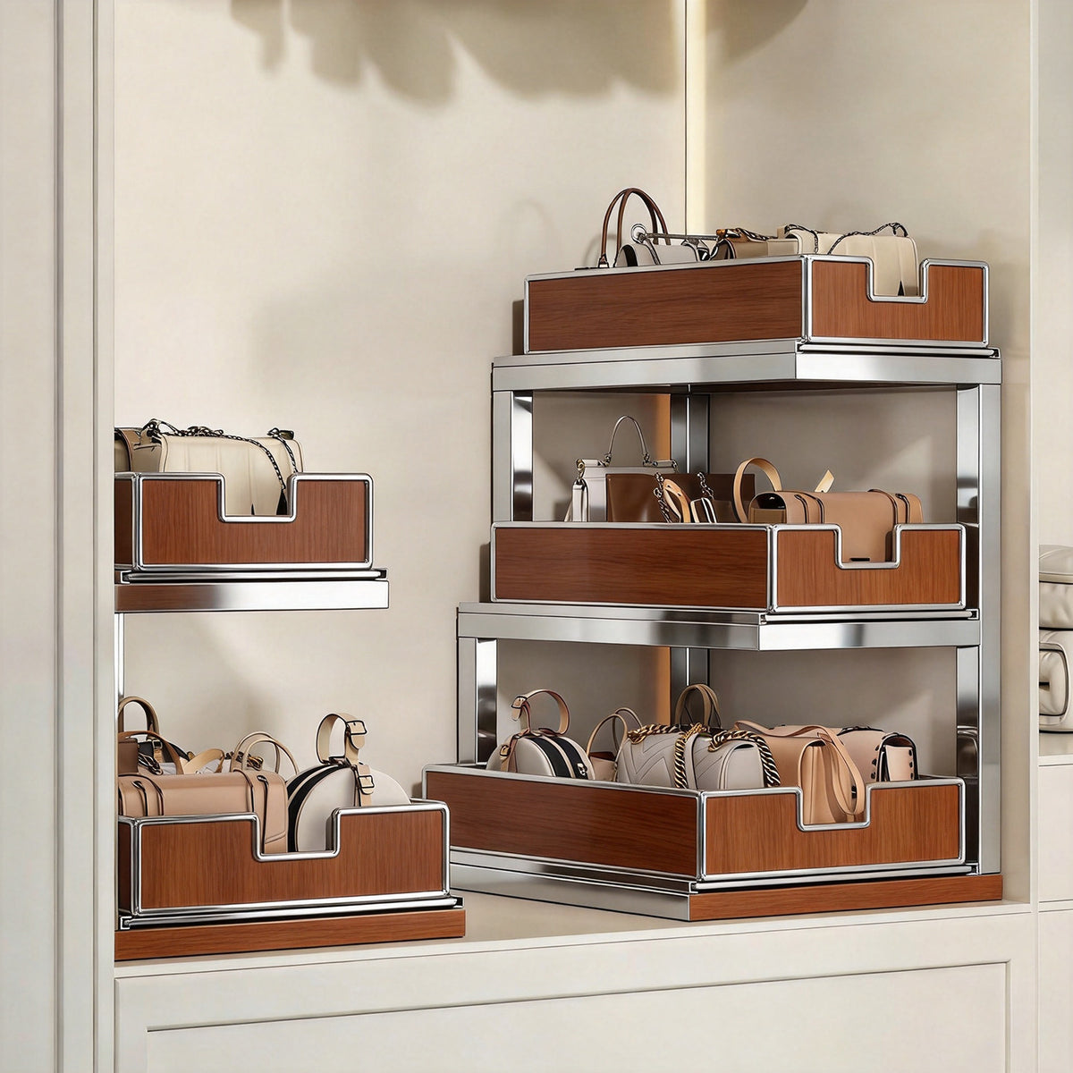 Dreiböckiger, schräger Metall-Mesh-Thekenregal-Organizer mit stapelbaren Drahtkörben