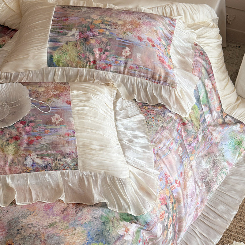 Florales Aquarell Satin Rüsch Bettdeckenbezug Set