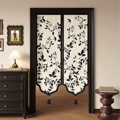 Decorative Split Noren Door Curtain Panel with Floral Jacquard and Tassel Weights
