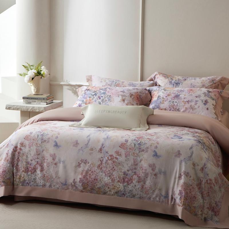 Luxus Floral Baumwollsatin Bettbezug Set mit Kontrastsaum und Kissenbezügen