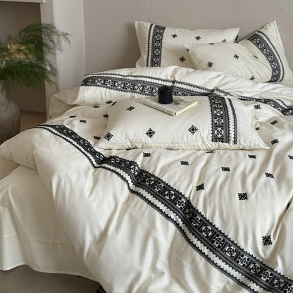 Handgestickte Boho Baumwoll-Leinen Bettdeckenbezug-Set mit dekorativem Rand und Umschlag-Kissenbezügen