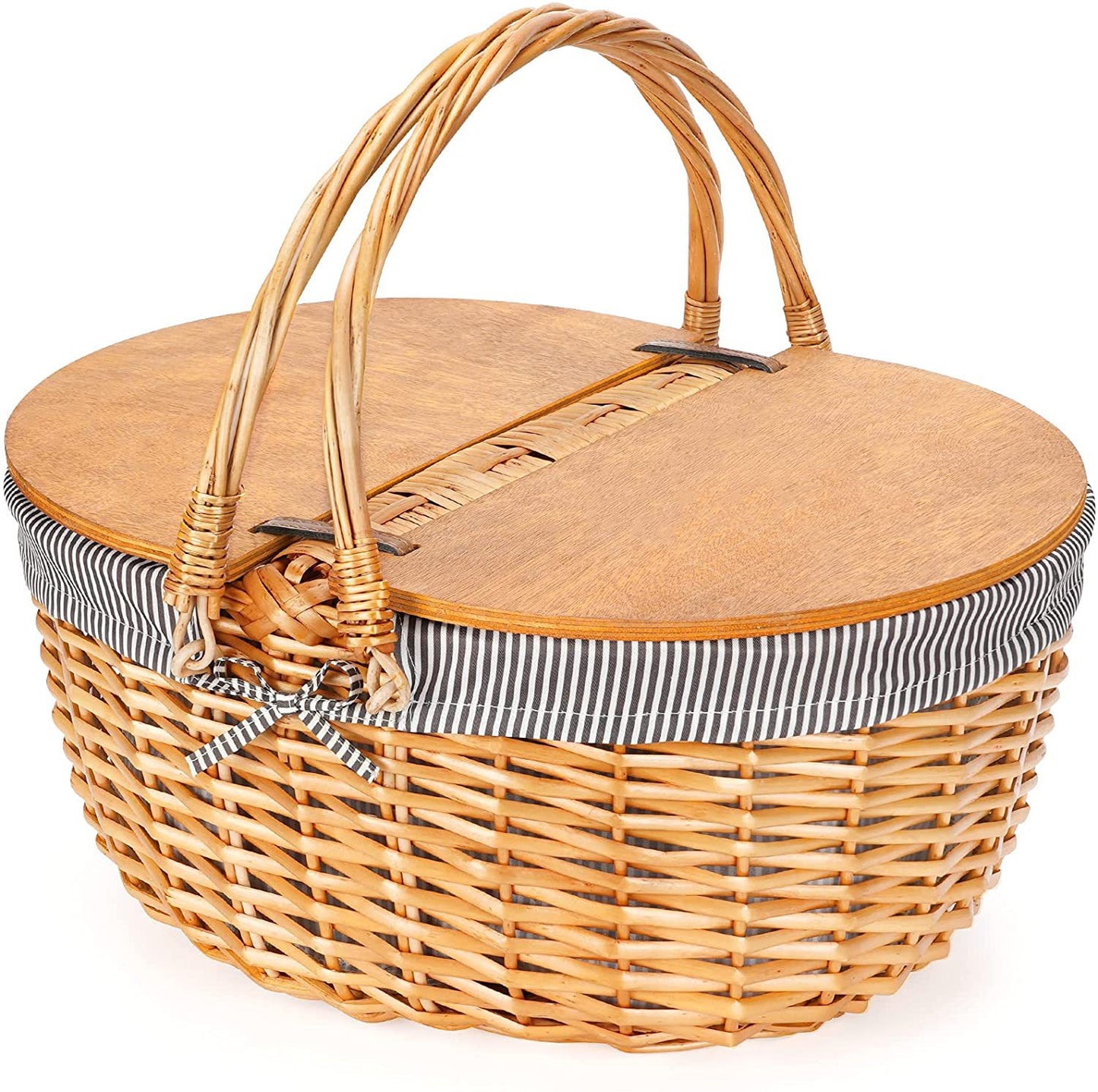 Damen Picknickkorb mit Holzdeckel und gestreiftem Futter Brehn