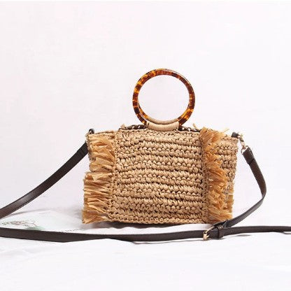 Damen Handtasche aus geflochtenem Naturmaterial mit Fransen und stylishem Henkel Brehn