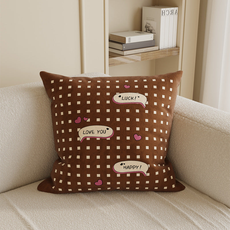 Square Cotton-Linen Throw Pillow Cover with Checkered Grid and Speech-Bubble Heart Graphics