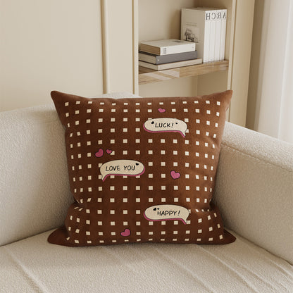 Square Cotton-Linen Throw Pillow Cover with Checkered Grid and Speech-Bubble Heart Graphics