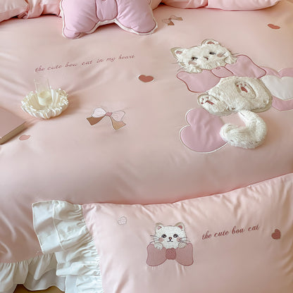Rüschensatin Bettwäsche Set mit Plüsch-Katzenapplikation