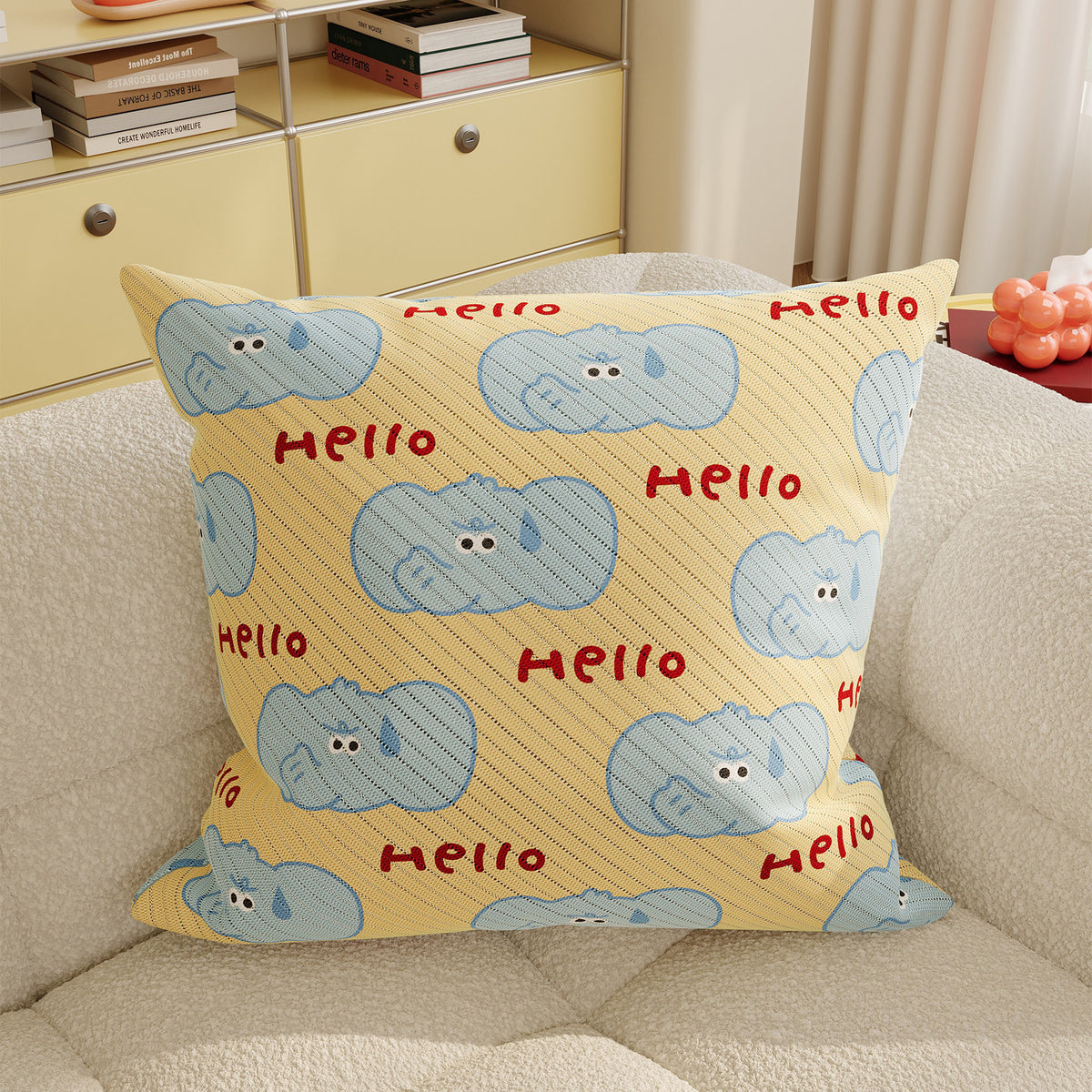 Decorative Throw Pillow with Playful Cloud Elephant Illustration and Textured Knit Cover
