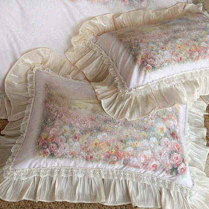 Blumen Rüsch Luxus Bettbezug Set mit Spitzenverzierung Kissenbezügen