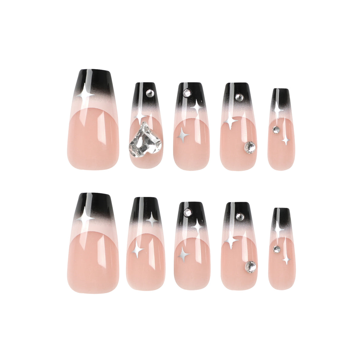 Künstliche Nagelverlängerungen mit elegantem Ombre-Design und Glitzerakzenten Brehn