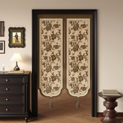 Decorative Split Noren Door Curtain Panel with Floral Jacquard and Tassel Weights