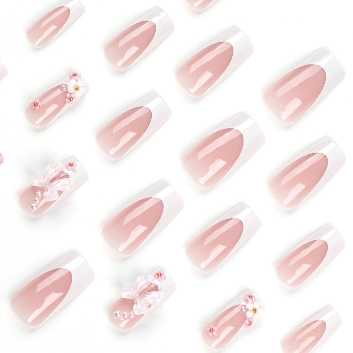 Kunstnagelset mit romantischen 3D-Blüten und Schleifenverzierungen Brehn