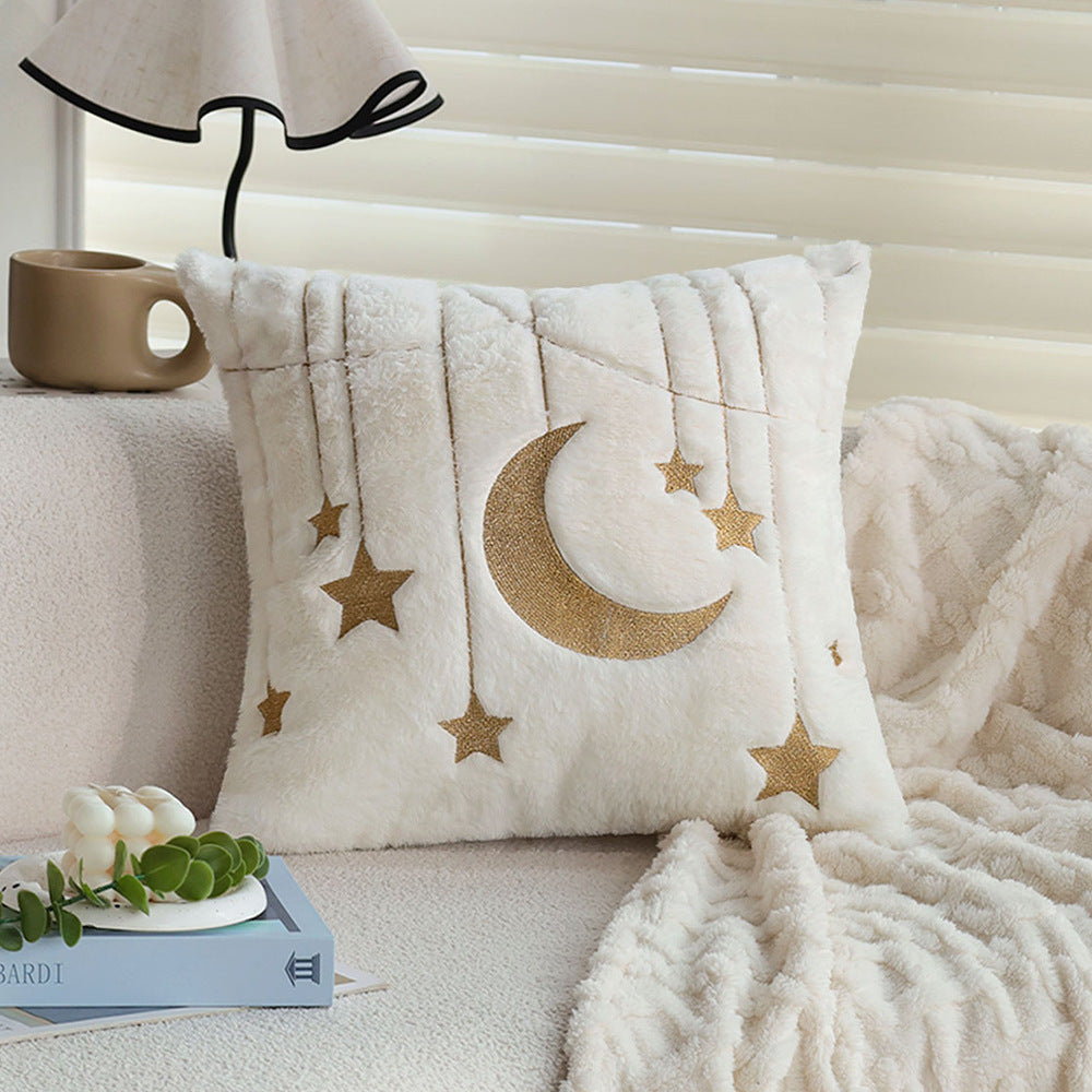 Quadratischer Kunstfell-Kissenbezug mit goldgesticktem Mond-und-Stern-Design und softem Innenfutter Brehn
